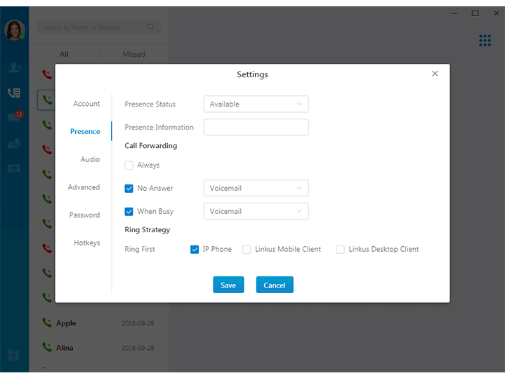screenshot of Yeastar Linkus Unified Communications App